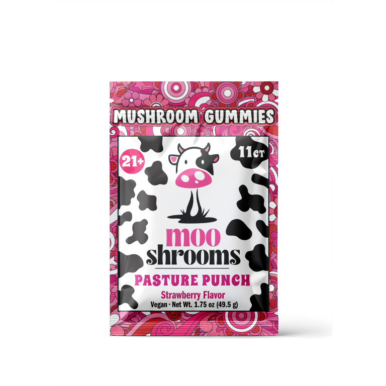 Mooshrooms Mushroom Gummies by Mooshrooms come in a colorful bag with cartoon cow, cow print, and pink swirls. This vegan strawberry-flavored package has 11 gummies for ages 21+—ideal for a tasty mood boost!.