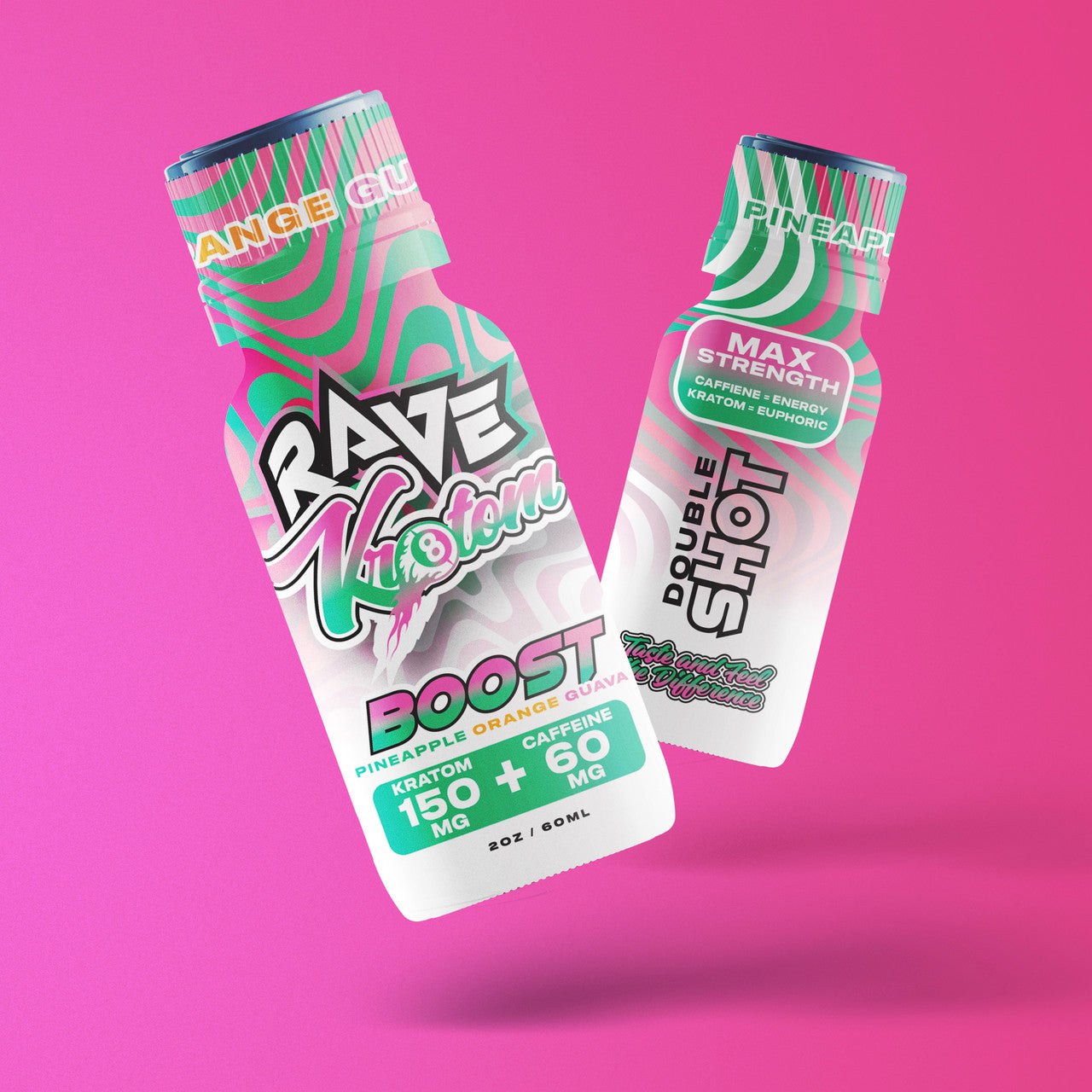 Two vibrant bottles of Rave Boost Kratom Shot in pineapple orange guava and max strength pineapple flavors sit on a bright pink background, highlighting the bold kratom caffeine blend in each energy shot.