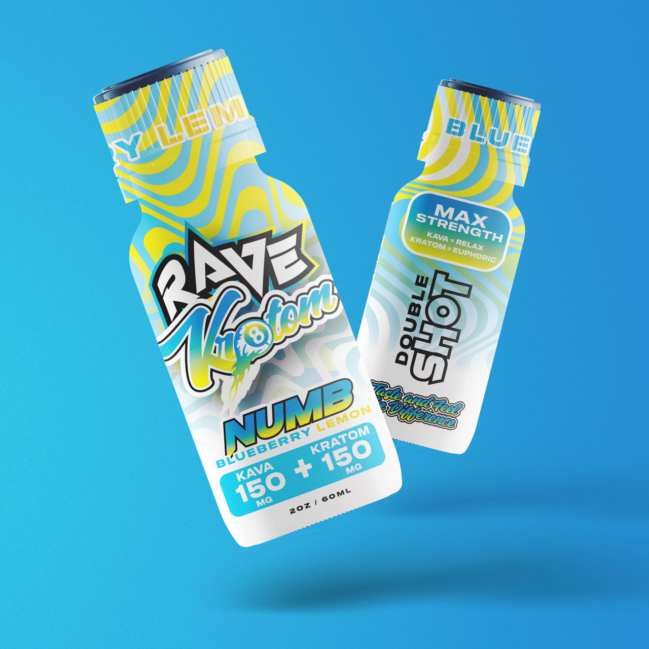 Two blue bottles of Rave Numb Kratom Shot, with bold text and vibrant wavy designs, stand out against a blue background, capturing the energetic essence of this popular kratom shot.