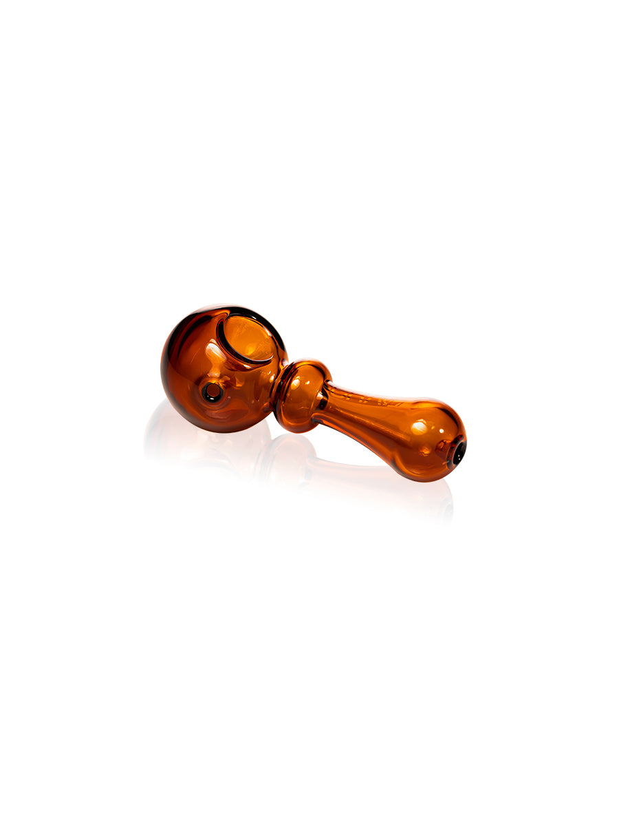 Bauble Spoon Bowl amber glass pipe with larger bowl and curved design for hemp and tobacco use.