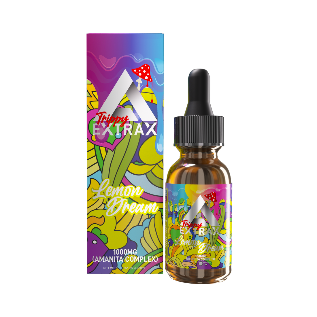 A vibrant box and dropper bottle labeled Trippy Extrax Tincture by Trippy Extrax, featuring psychedelic yellow and green abstract patterns, red mushrooms, and Lion’s Mane mushroom on the colorful packaging.