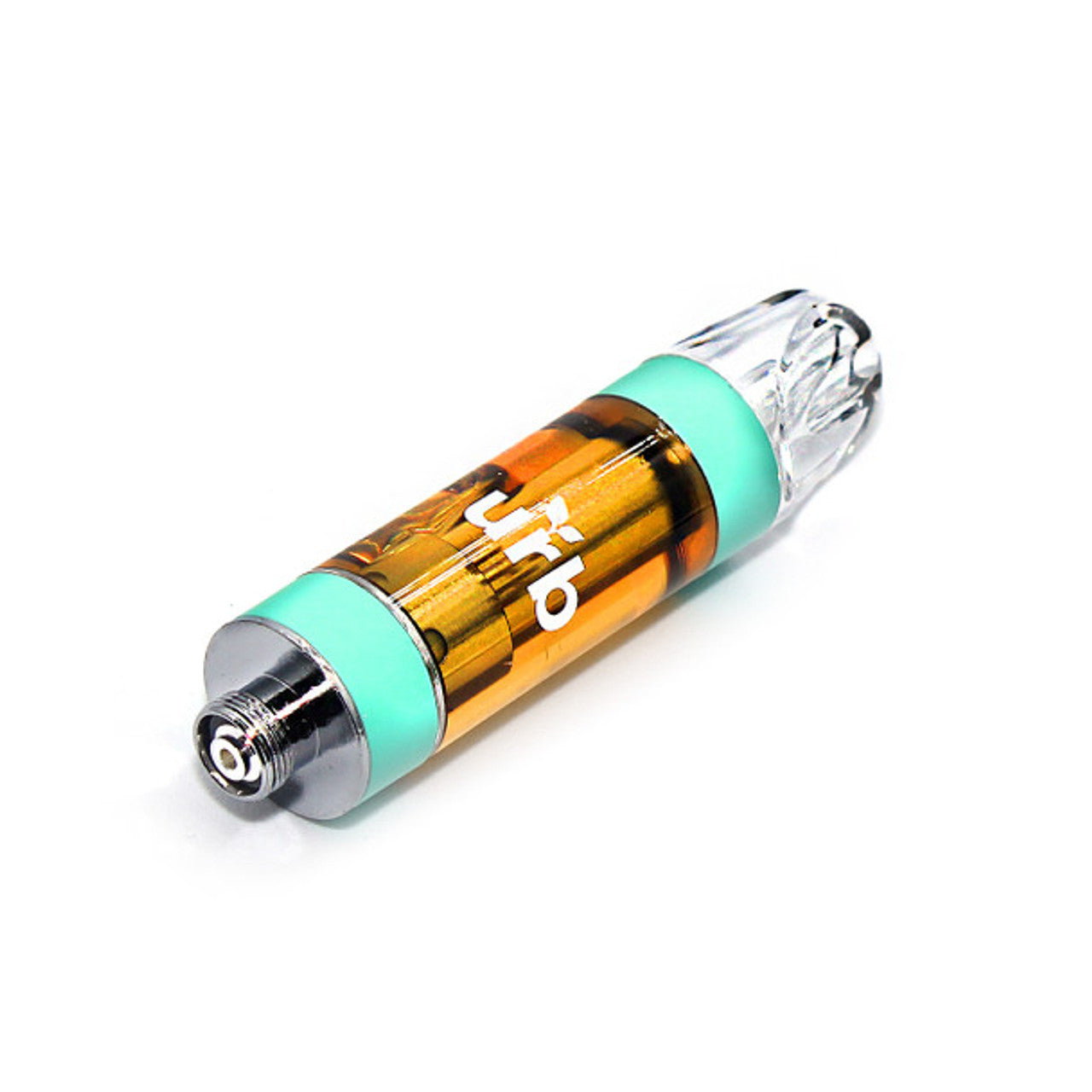 The Saucy Diamonds Cartridge by URB features a transparent chamber with amber Liquid Diamond THCA, turquoise accents, a metal base, a clear mouthpiece, and URB printed on the side.