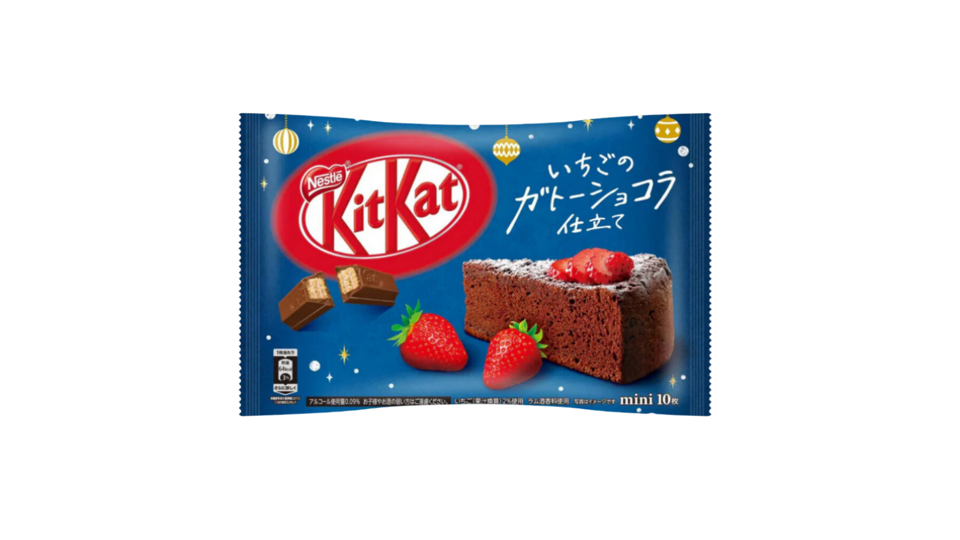 A blue package of Exotic Snacks Kit Kat Strawberry Gateau Chocolate shows chocolate-covered KitKats, strawberries, and a powdered cake slice; Japanese text highlights the unique strawberry chocolate flavor.