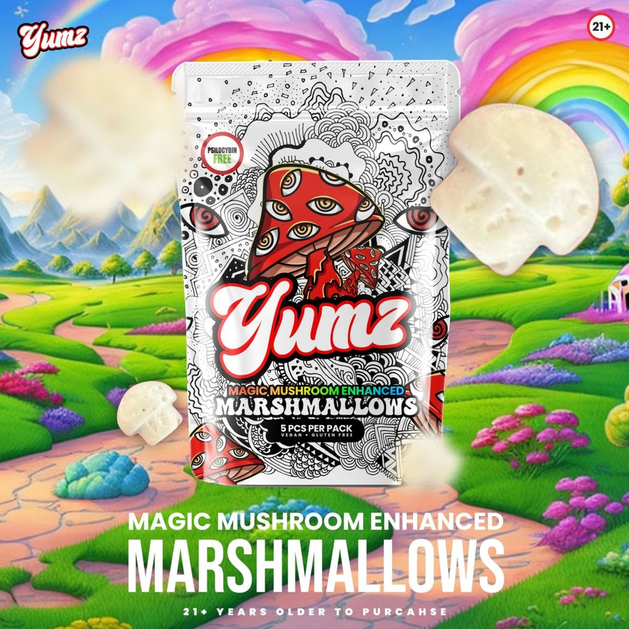 A vibrant, psychedelic ad for Yumz Magic Marshmallows features a decorated pouch, floating marshmallows, rainbows, clouds, and a colorful landscape—promoting these as legal nootropic treats with psychedelic flair.