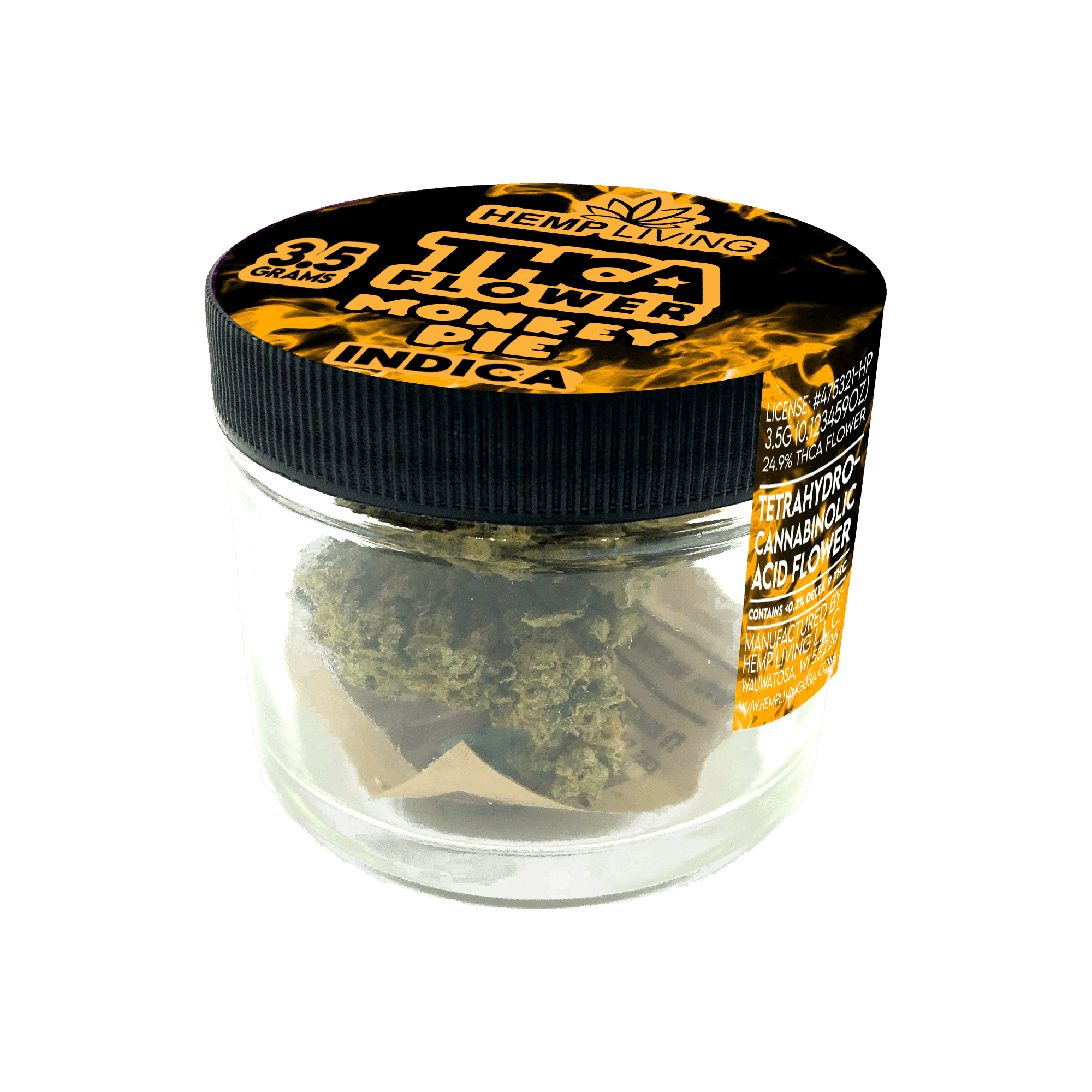 A clear jar with a black lid labeled Hemp Living Monkey Pie Indica Flower, 3.5 grams, contains indoor-grown hemp buds. The label highlights this premium flower with product details in white and yellow text.