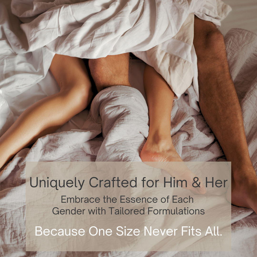 A man and woman lie in bed together under a white blanket. Text overlay: Kums Chocolate for Couples—crafted by Kums to enhance intimacy, with tailored formulas for him and her. One chocolate, two experiences—because one size never fits all.