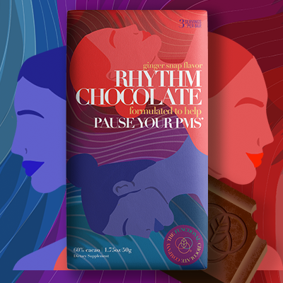 Rhythm Chocolate - PMS Formula by The Functional Chocolate Company comes in vibrant purple, red, and blue packaging with illustrated women. This ginger snap chocolate is formulated for PMS relief and offers comforting mood support.