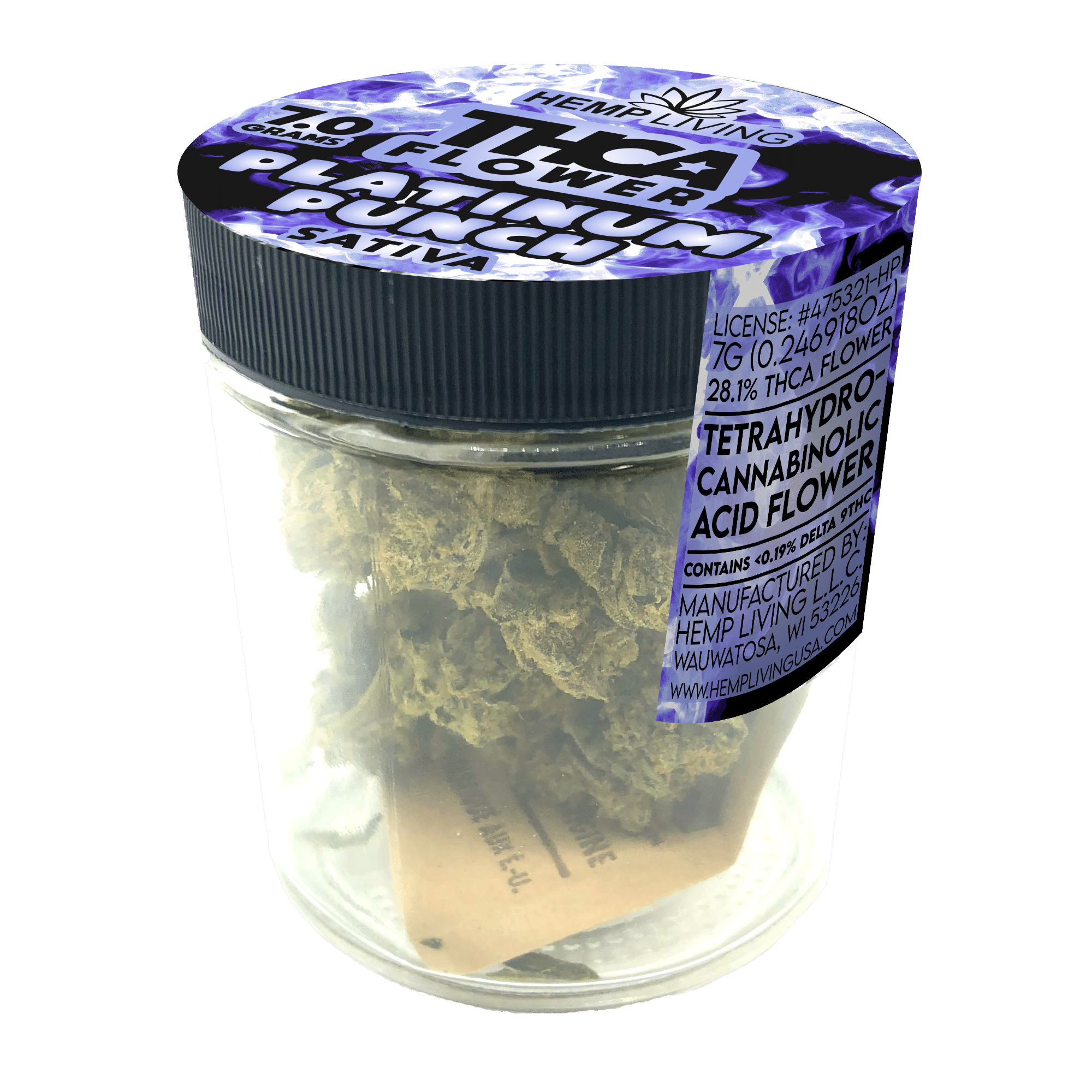 A clear plastic jar labeled Platinum Punch Sativa Flower by Hemp Living contains Sativa-dominant buds. The jar has a purple and black lid, with product details and licensing info printed on the side label.