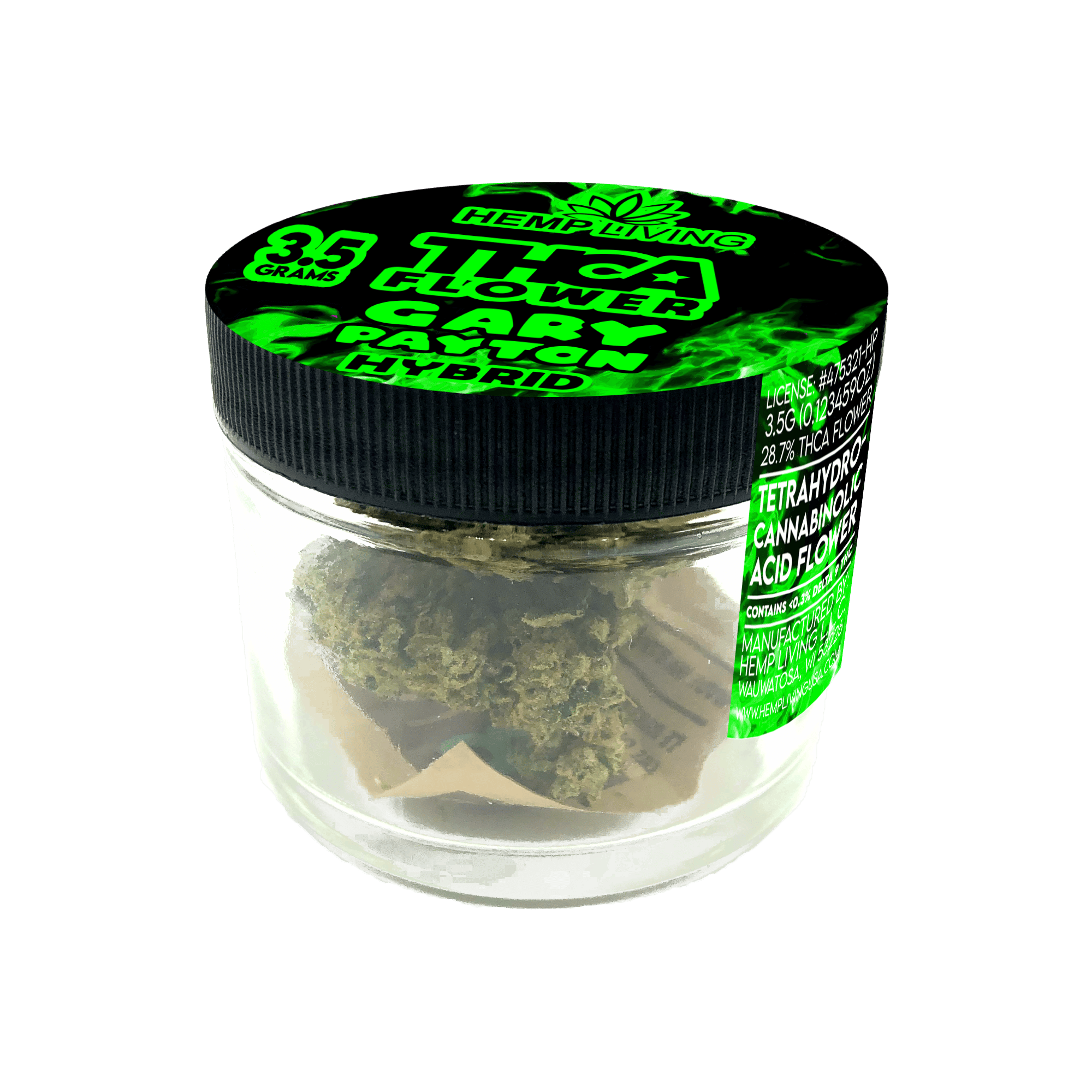 A clear plastic jar with a black and green lid labeled “Hemp Living Gary Payton Hybrid Flower,” containing 3.5g legal hemp flower. The label lists cannabinoid content and hybrid strain info for the popular Gary Payton strain.