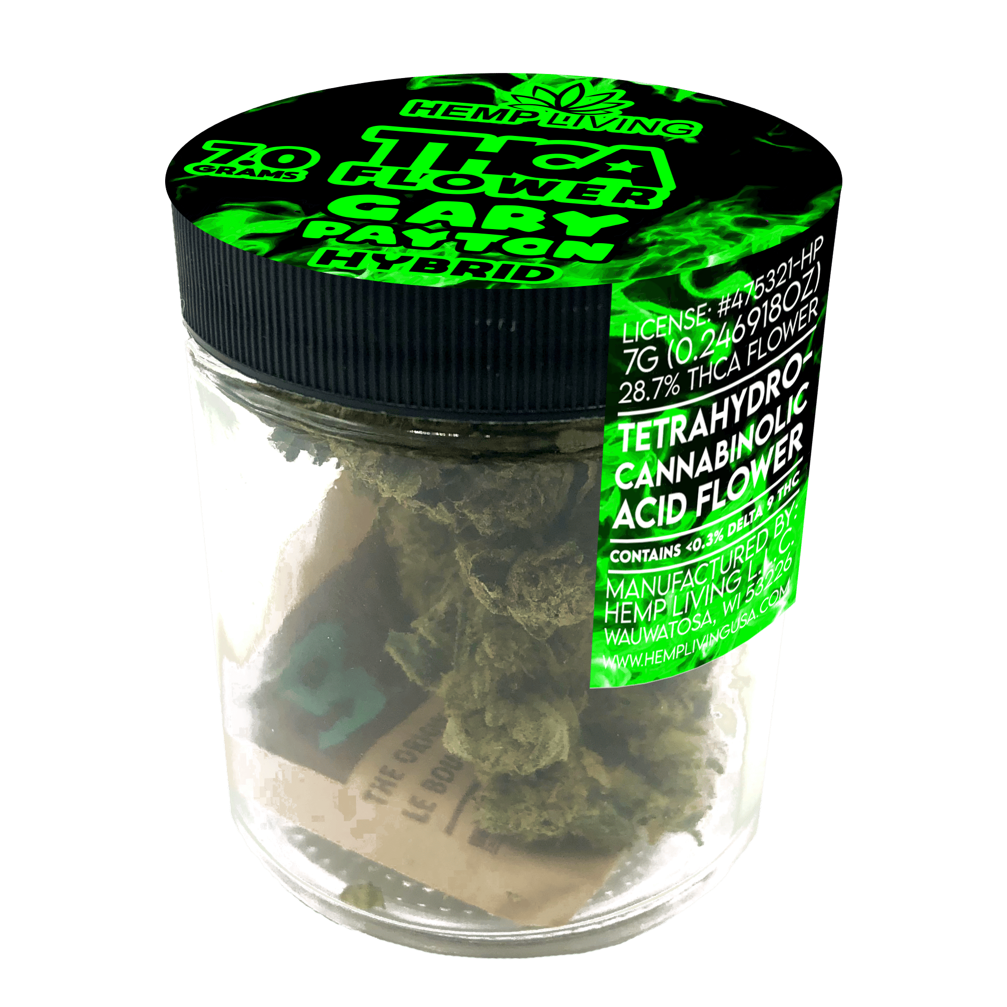 A clear plastic jar with a black lid contains Hemp Living’s Gary Payton Hybrid Flower. The green and black label reads “THCA Flower,” “Gary Payton Hybrid,” and dosage info—great for fans of premium strains.