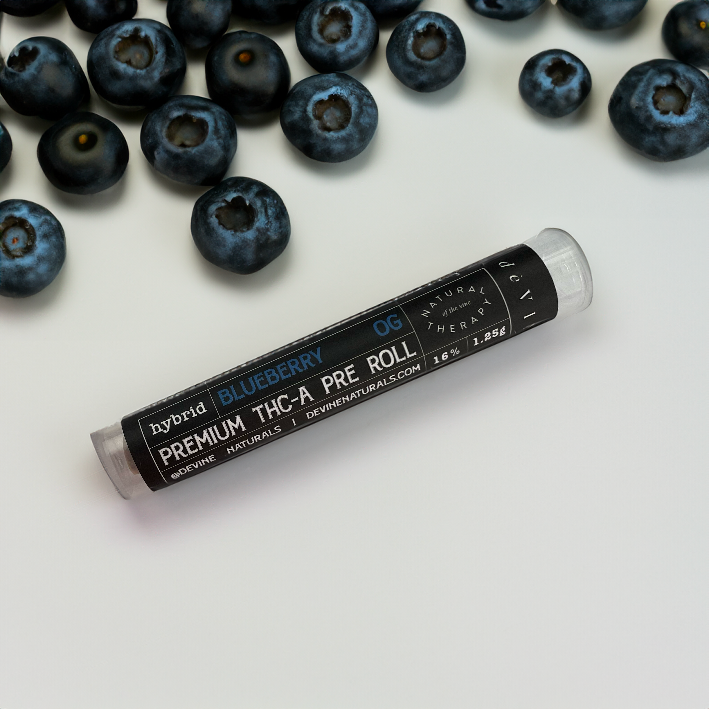 1G THC-A Pre Roll Blueberry OG hybrid in a black tube alongside fresh blueberries for a premium smoking experience