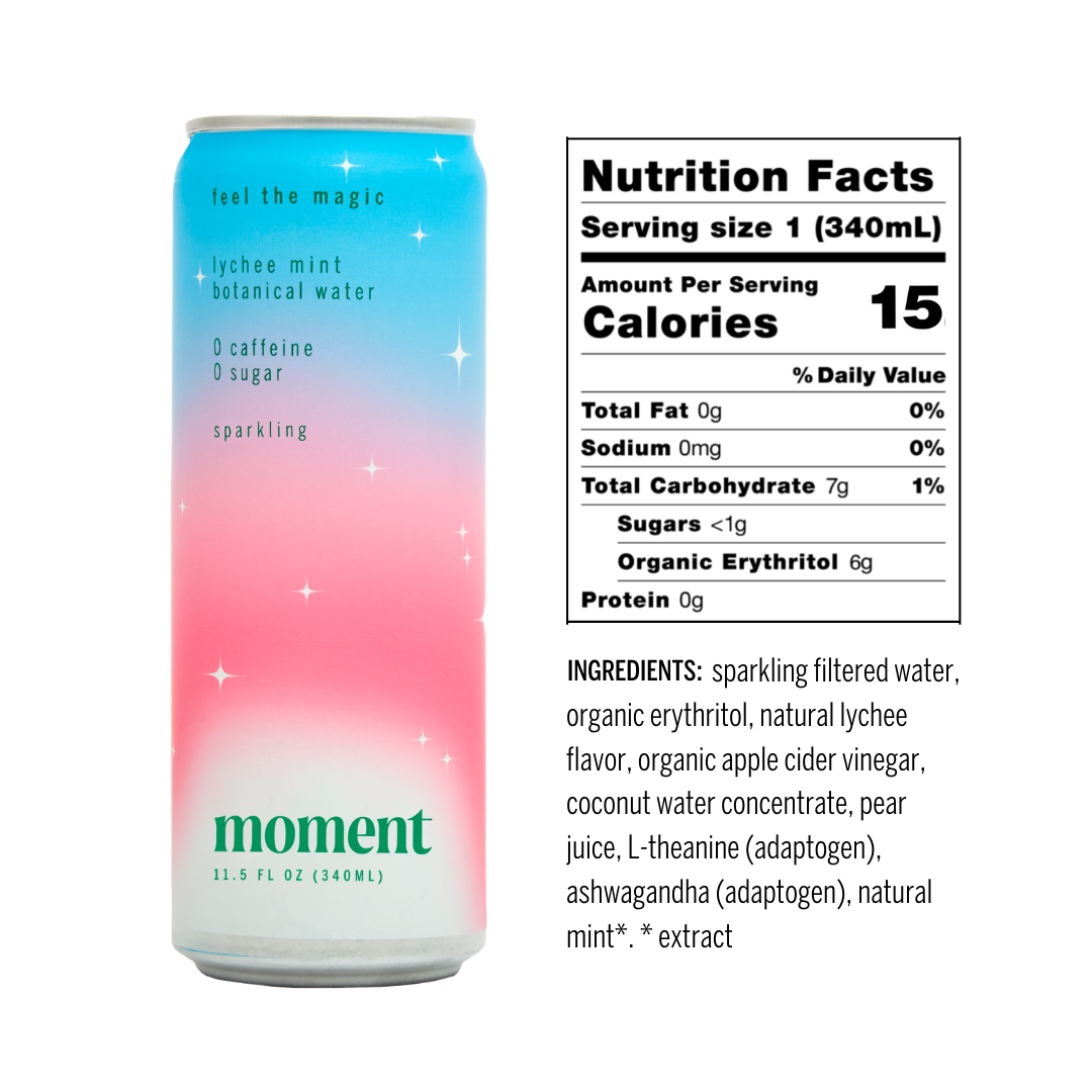 A pastel can of Moment Botanical Beverage (Lychee Mint, 11.5 fl oz) from Moment sits beside a nutrition label showing 15 calories per serving. Ingredients include sparkling water and adaptogens—your meditation in a can.