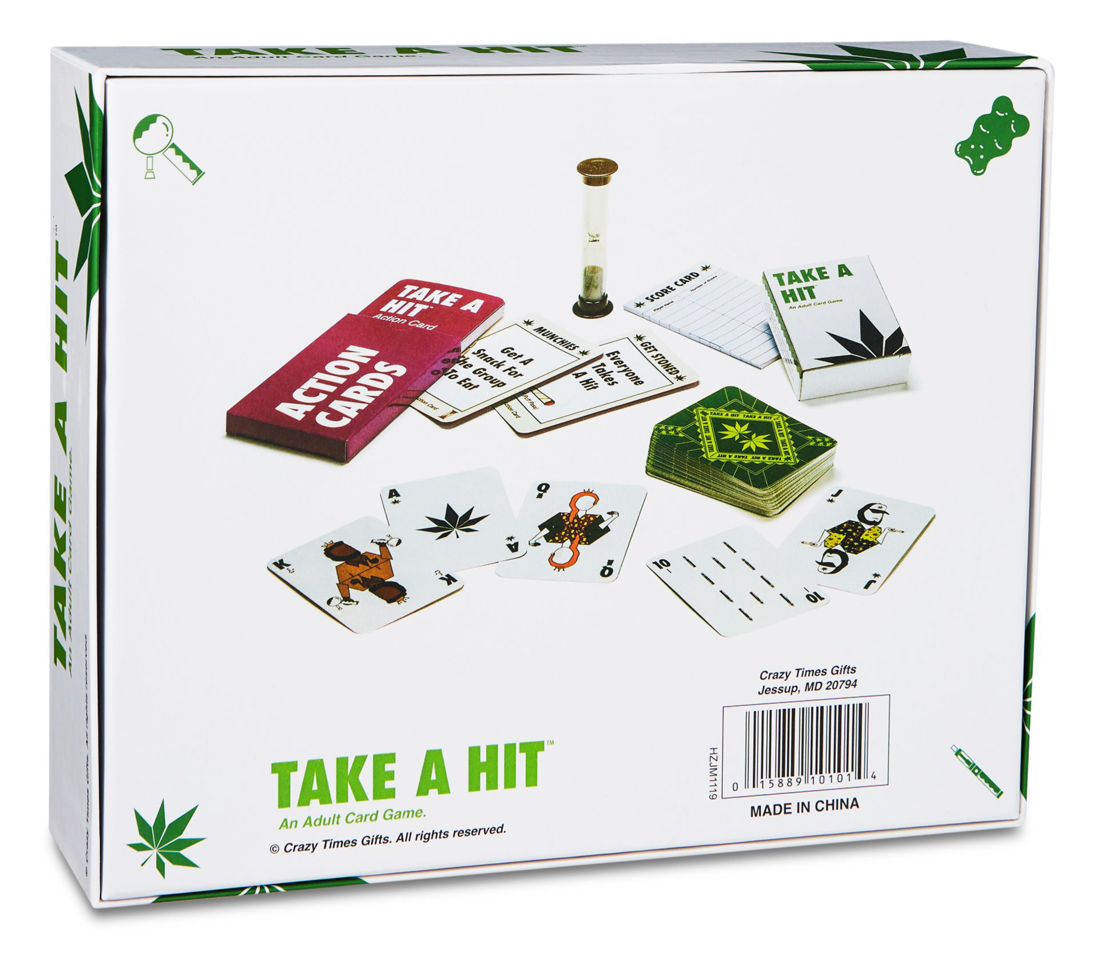 The back of the Island Dogs Take A Hit Party Game box shows playing and action cards, notepad, hourglass timer, and cannabis leaf art—ideal for adult or stoner parties. Text reads Take A Hit and An Adult Card Game.