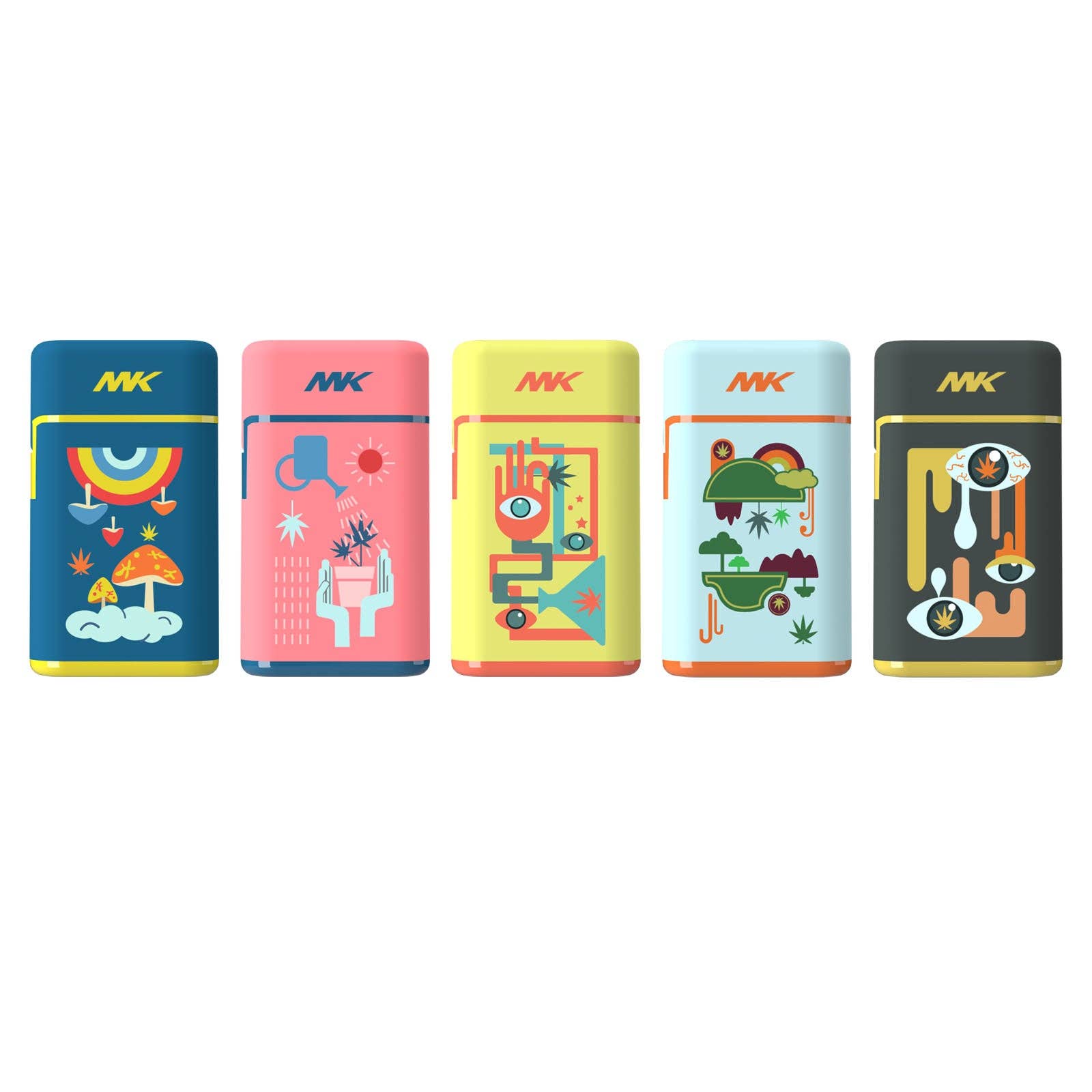 Five vibrant refillable butane lighters from the MK Lighter Company’s Ignition Pocket Lighters - Nature Series, featuring designs like rainbows, mushrooms, abstract faces, geometric shapes, and surreal art with a torch flame and MK logo.