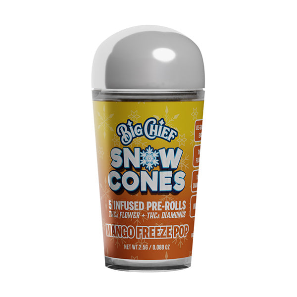 Big Chief Snow Cones (5ct) by Big Chief contains five THCA flower-infused pre-rolls in Mango Freeze Pop flavor. The orange and yellow packaging features white and blue text with a white cap.