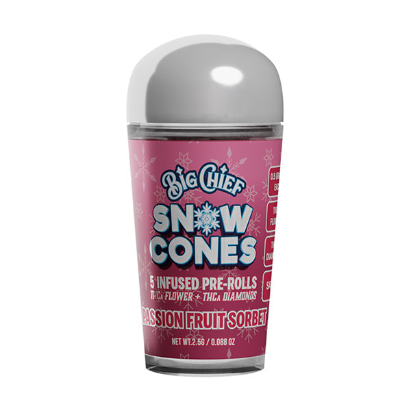 Big Chief Snow Cones (5ct) by Big Chief contains 5 THCA-infused pre-rolls in Passion Fruit Sorbet flavor, packaged in pink with snowflake graphics and product info in white and blue text.