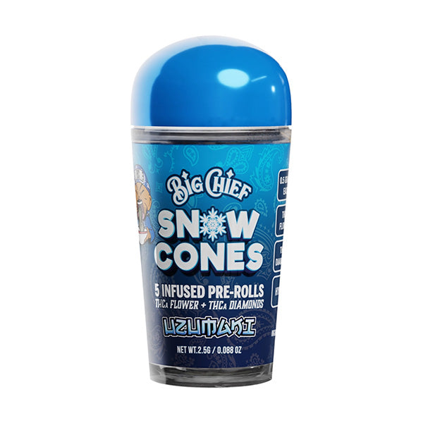 The Big Chief Snow Cones (5ct) by Big Chief features blue, snowflake-themed packaging labeled Izumaki and contains 5 infused pre-rolls crafted with THCA flower and THC diamonds for a cool, potent flavor.