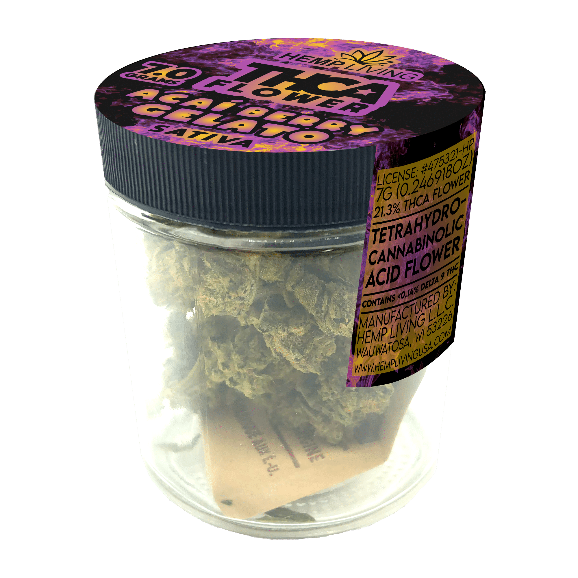 Acai Berry Gelato Sativa Flower hemp jar with indoor-grown, hand-trimmed flower and vibrant trichomes visible inside.