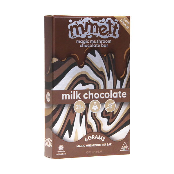 A box of Cali Extrax Mmelt Mushroom Chocolate Bar, milk chocolate flavor, with brown and cream swirl packaging. Features 6g per bar, for ages 21+, and contains edible mushroom chocolate.