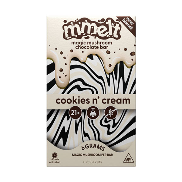 The Mmelt Mushroom Chocolate Bar by Cali Extrax, cookies n’ cream flavor, comes in a box with a dripping chocolate design, black and white swirls, and icons for 21+, lab tested, and 6g mushroom chocolate per bar.
