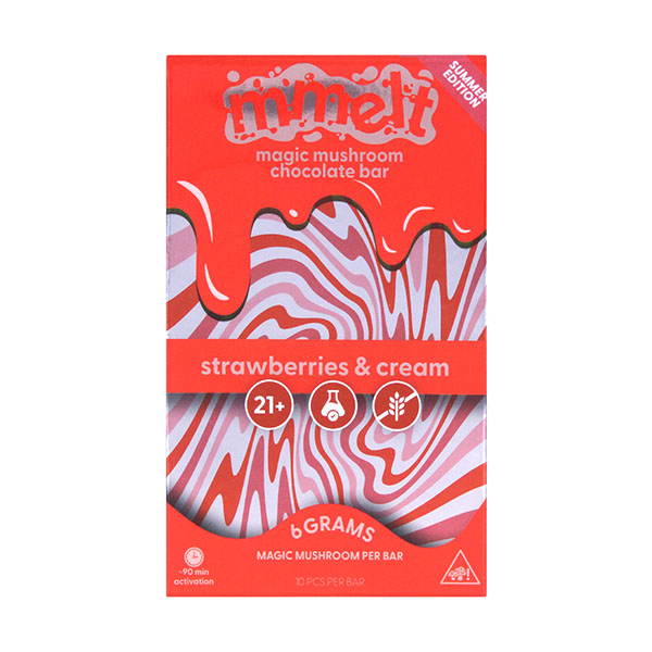 A red and white wavy box labeled Mmelt Mushroom Chocolate Bar by Cali Extrax, strawberries & cream flavor. Summer edition packaging notes 8 grams and 21+ age restriction.