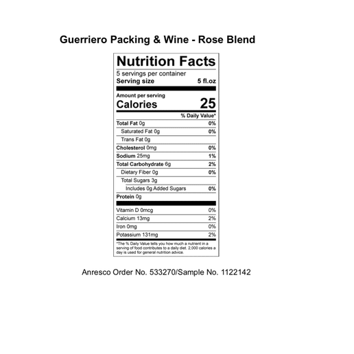 Nutrition facts label for Cry Baby Wine - CBD Rosè, showing 25 calories per serving. Includes serving size, nutrients, and percentages. Anresco Order No. 533270/Sample No. 1122142 appears below the label.