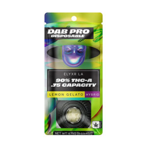 The Dab Pro Disposable by Elyxr features colorful packaging with a metallic face, 90% THC-A, 0.75g capacity, labeled Lemon Gelato Hybrid, and includes a viewing window plus a cannabis leaf symbol.