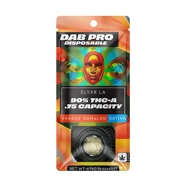Elyxrs Dab Pro Disposable features vibrant packaging with a face design, labeled 90% THC-A isolate, .75g capacity, Orange Romulan Sativa flavor, and includes a small container of white concentrate.