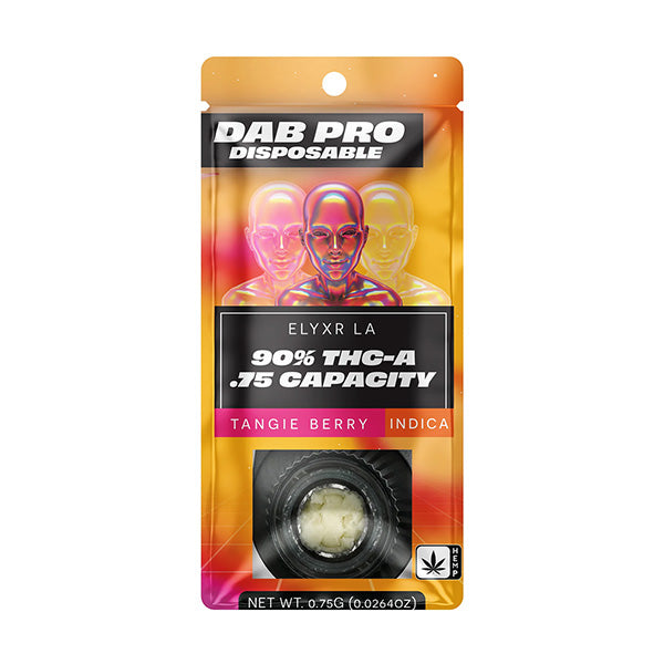 A vibrant Elyxr Dab Pro Disposable package featuring three faces promotes 90% THC-A, .75g capacity, and Tangie Berry Indica flavor. A clear window displays the portable device containing pure THC-A isolate.