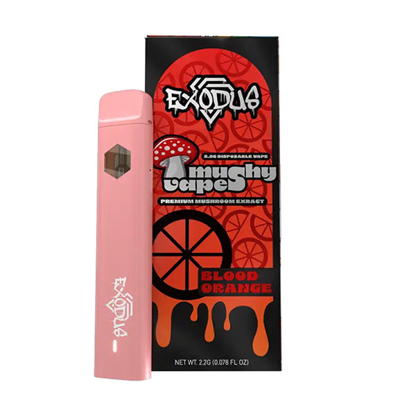 A pink Exodus Mushy Vape stands before its packaging, which features oranges and the text mushy gelpel, premium mushroom extract, and Blood Orange—showcasing the unique Mushy Vape experience.