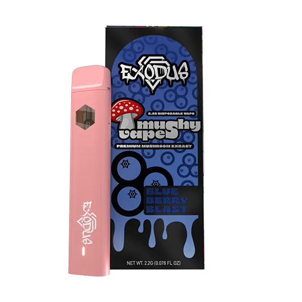 A pink disposable Exodus Mushy Vape stands beside its black and blue packaging with circles, labeled Mushy Vape, Premium Mushroom Extract, Blueberry Blast.
