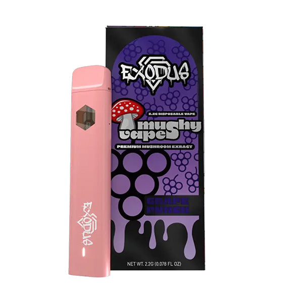 A pink Exodus Mushy Vape stands before its black and purple box decorated with mushroom illustrations and “Exodus Mushy Vape Delight Grape Punch,” along with the net weight.