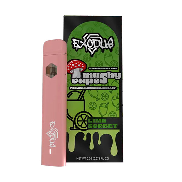 A pink disposable Mushy Vape by Exodus stands next to its green and black box labeled Lime Sorbet, featuring mushroom and lime graphics.