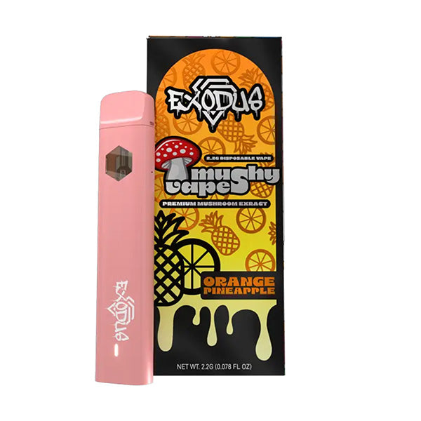 A pink Exodus Mushy Vape pen sits next to a box labeled Mushy Gelpen and Orange Pineapple Premium Mushroom Extract, both featuring fruit illustrations, highlighting this flavorful vape from Exodus.