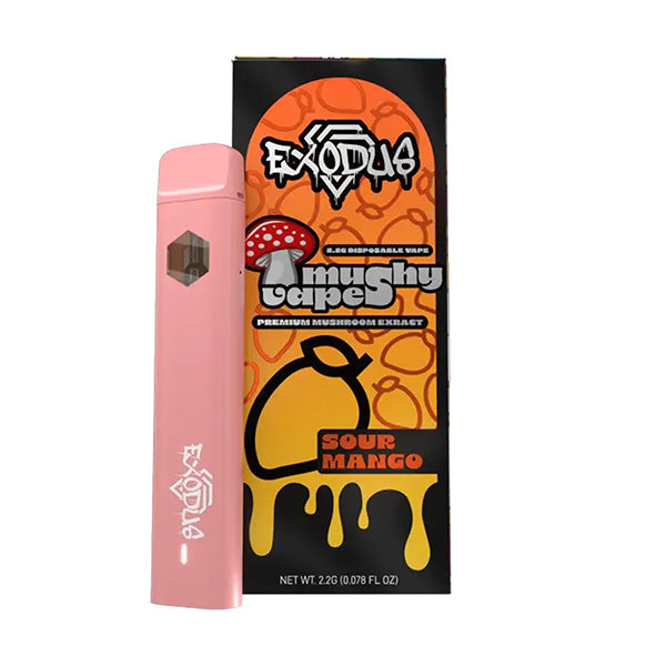 A pink Exodus Mushy Vape sits next to its box featuring a cartoon mushroom and dripping mango, with the text Exodus Mushy Vape Sour Mango—Premium Mushroom Extract, highlighting this unique vape.