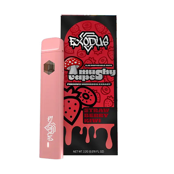 A pink Exodus Mushy Vape sits beside its box, which features red and black strawberry and kiwi graphics. The packaging highlights Premium Mushroom Extract and Strawberry Kiwi flavor, showcasing this unique Exodus Mushy Vape experience.
