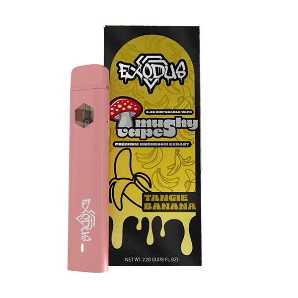 A pink Exodus Mushy Vape disposable pen sits by its box, decorated with a red mushroom, banana slices, and bold Mushy Vape! Tangie Banana text. Ideal for those seeking a unique mushroom extract vape from the Mushy Vape line.