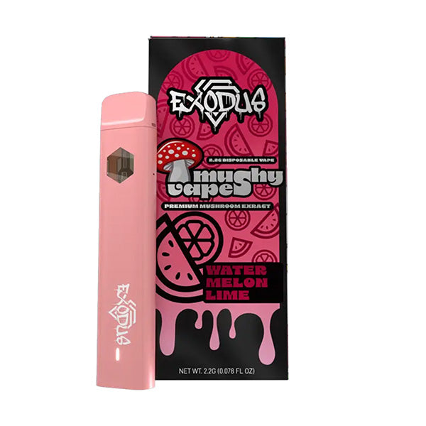 A pink disposable Mushy Vape by Exodus stands next to its matching box, which displays mushroom, watermelon, and lime graphics to highlight the Watermelon Lime flavor from the unique Exodia Mushy Collection.