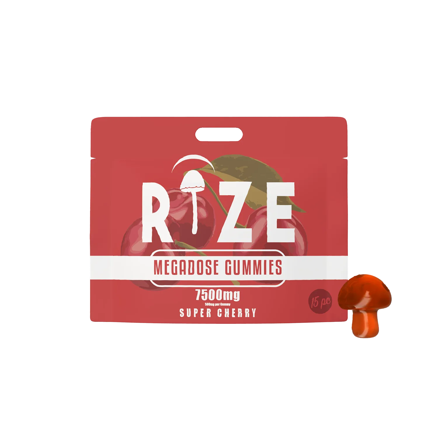 The Rize Megadose Gummies pouch, by Rize, showcases a mushroom illustration and a red, mushroom-shaped gummy, highlighting premium magic mushroom edibles for those seeking psychedelic experiences.