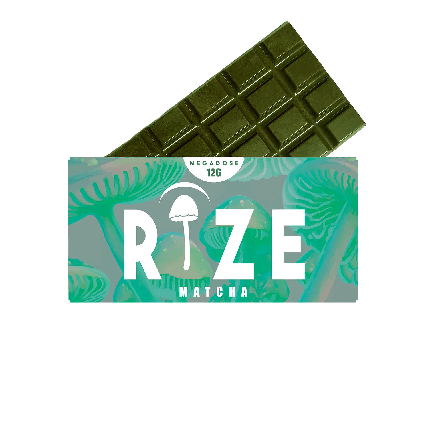 A green Rize 12G Mushroom Chocolate Bar is partially wrapped in packaging labeled RIZE, featuring psychedelic mushroom illustrations on a turquoise background.