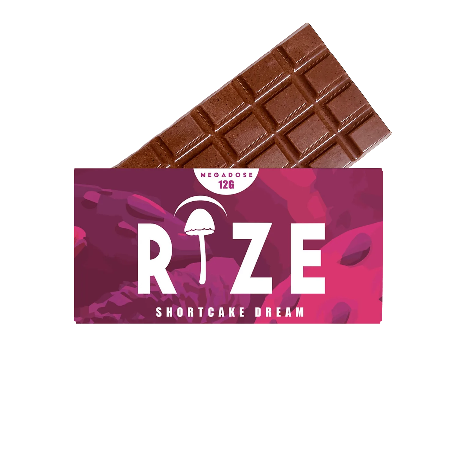 A chocolate bar partially wrapped in a pink and purple package labeled Rize 12G Mushroom Chocolate Bar, featuring a psychedelic mushroom icon—an irresistible treat from Rize.