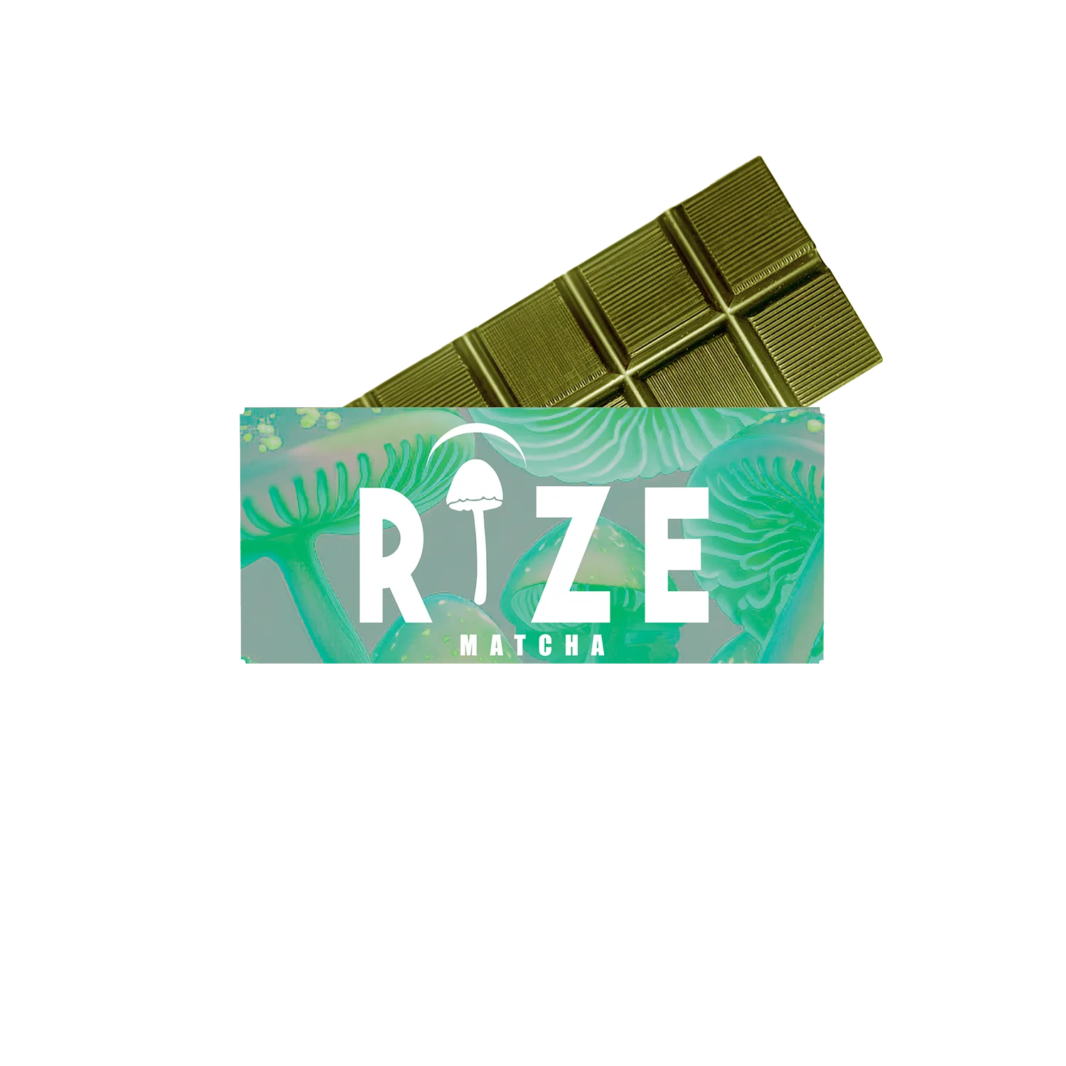 A green Rize 5G Mushroom Chocolate Bar, partially unwrapped to show its leafy design and mushroom illustration, sits on a white background, hinting at a unique magic mushroom blend.
