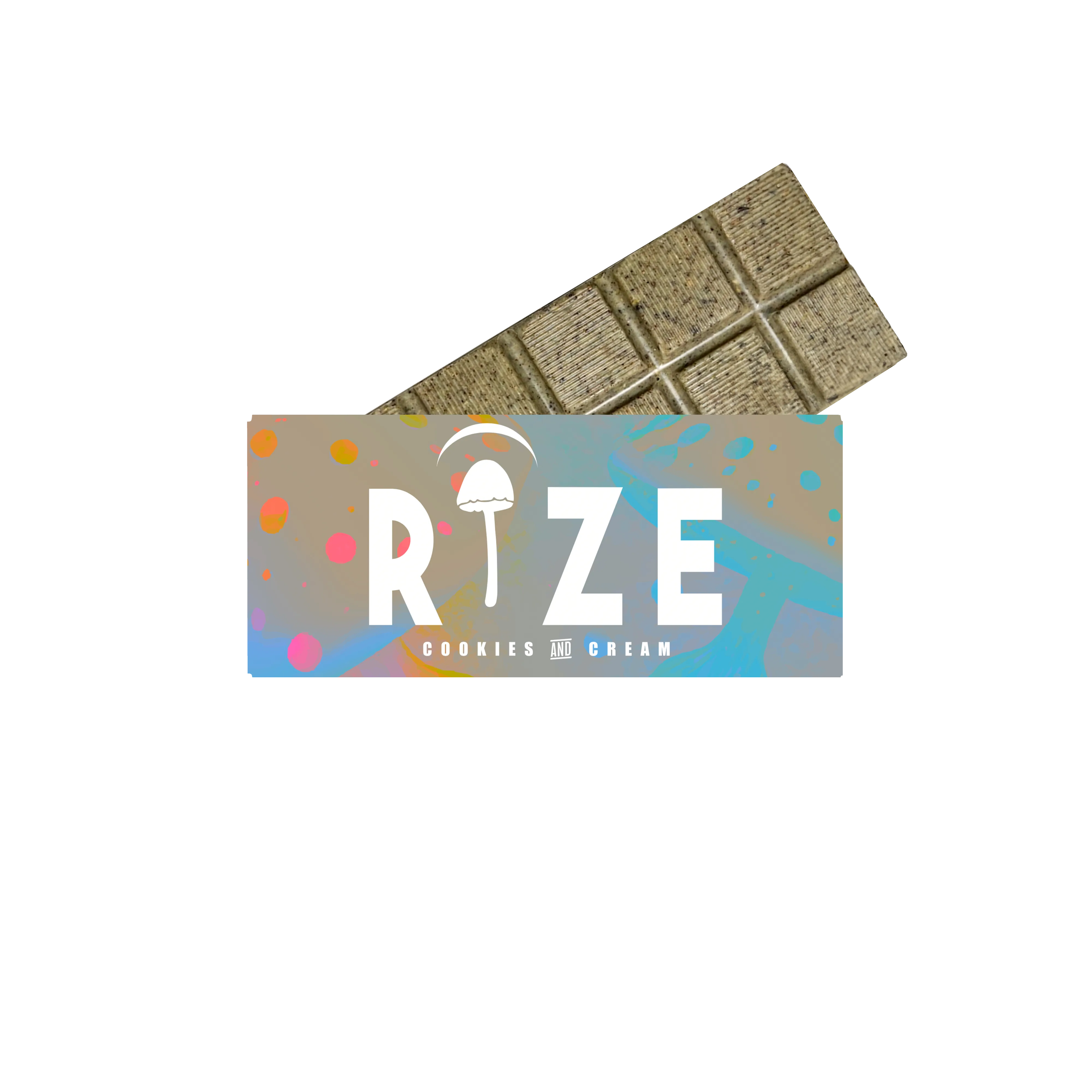 The Rize 5G Mushroom Chocolate Bar, partially wrapped in colorful packaging with a white mushroom above the “I” in RIZE, offers a consistent magic mushroom chocolate experience in every bite.