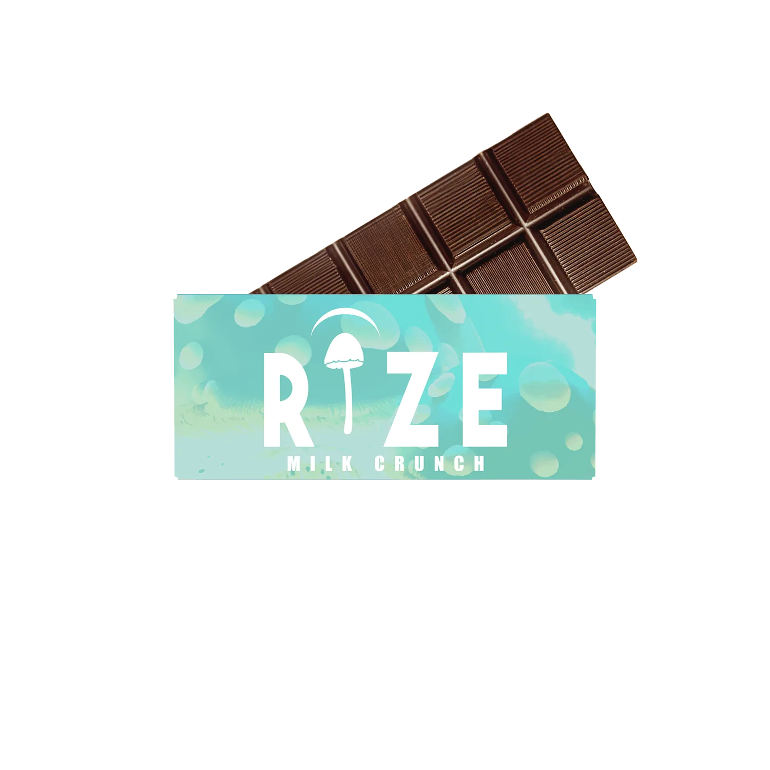 A partially unwrapped Rize 5G Mushroom Chocolate Bar reveals segment lines for consistent dosing, with a wrapper labeled Rize on a blue and white background.