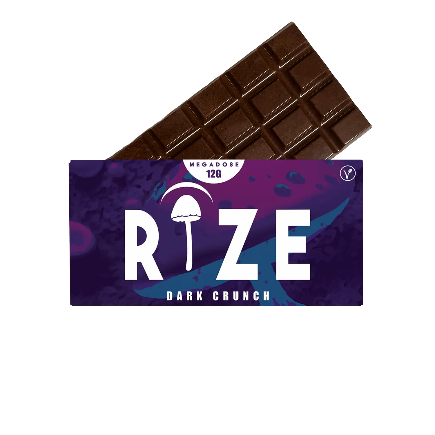 A Rize 12G Mushroom Chocolate Bar is partially unwrapped from a purple and blue wrapper labeled “RIZE Dark Crunch,” featuring a psychedelic mushroom graphic, “MEGADOSE 12G,” and a vegan symbol.