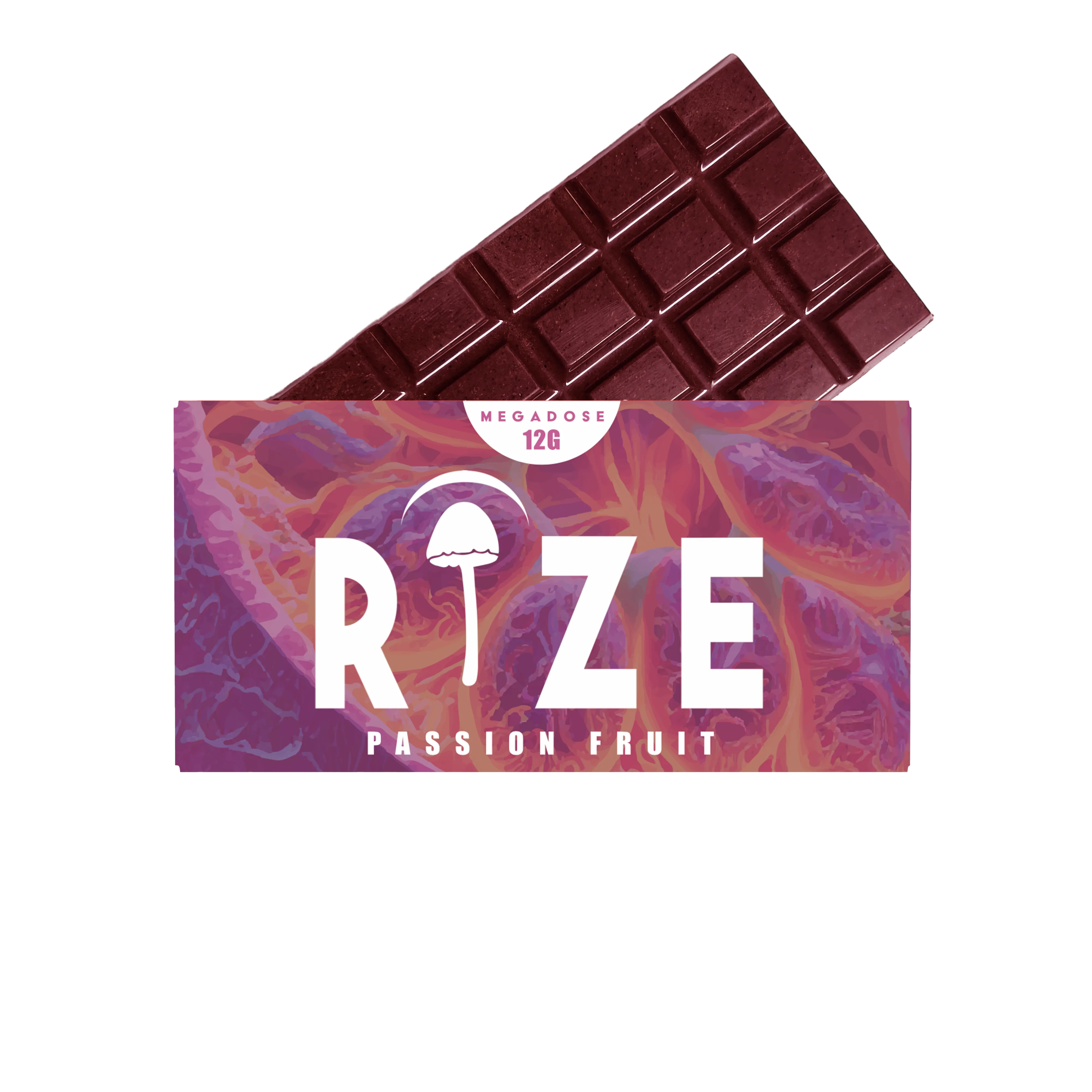 A partially unwrapped Rize 12G Mushroom Chocolate Bar in passion fruit flavor, featuring a purple and orange wrapper with the Rize mushroom icon, “PASSION FRUIT” below, and “MEGADOSE 12G” at the top.