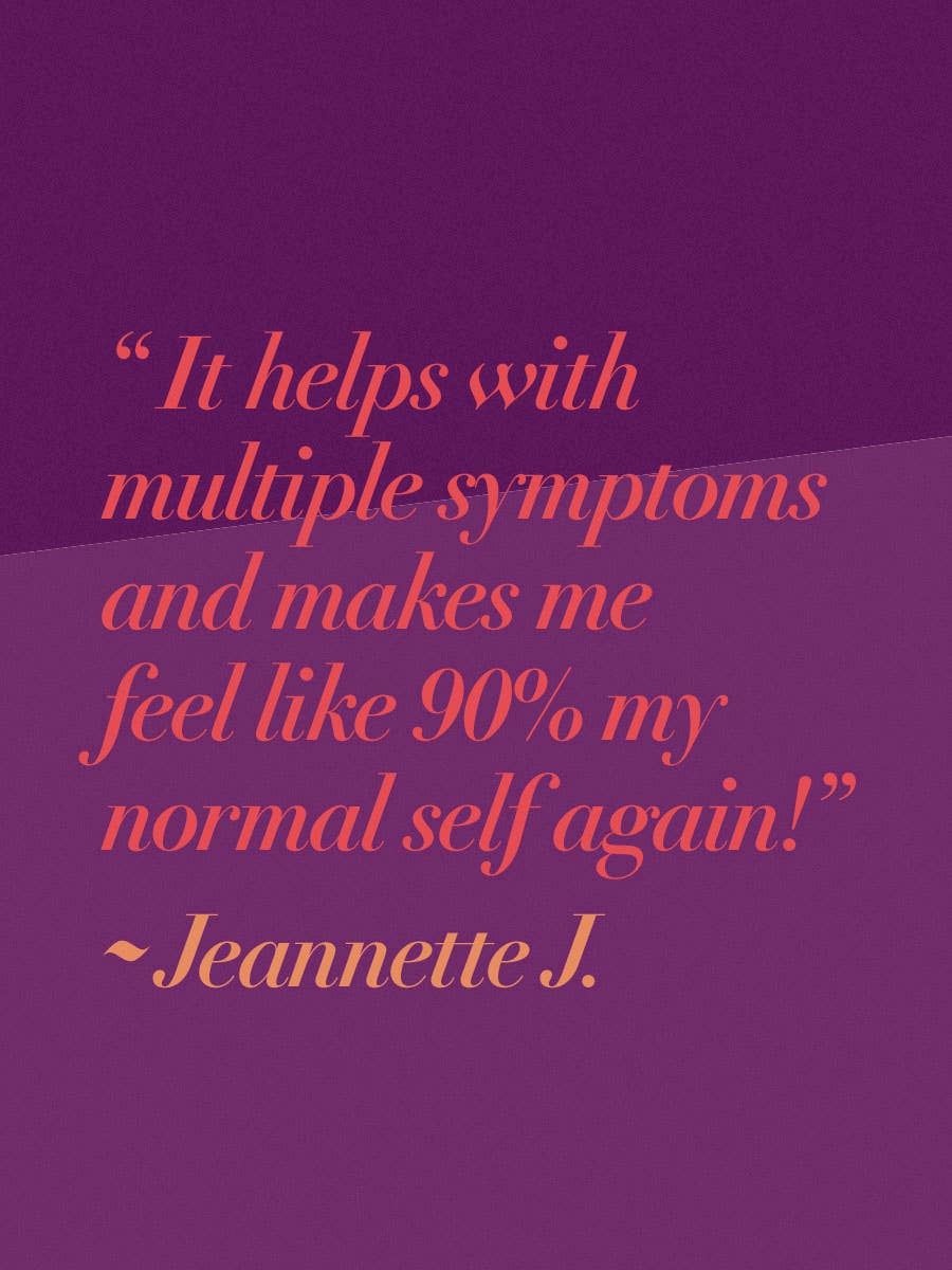 Text on a purple background reads: “It helps with multiple symptoms and makes me feel like 90% my normal self again!” ~ Jeannette J., sharing her experience with Rhythm Chocolate - PMS Formula by The Functional Chocolate Company.