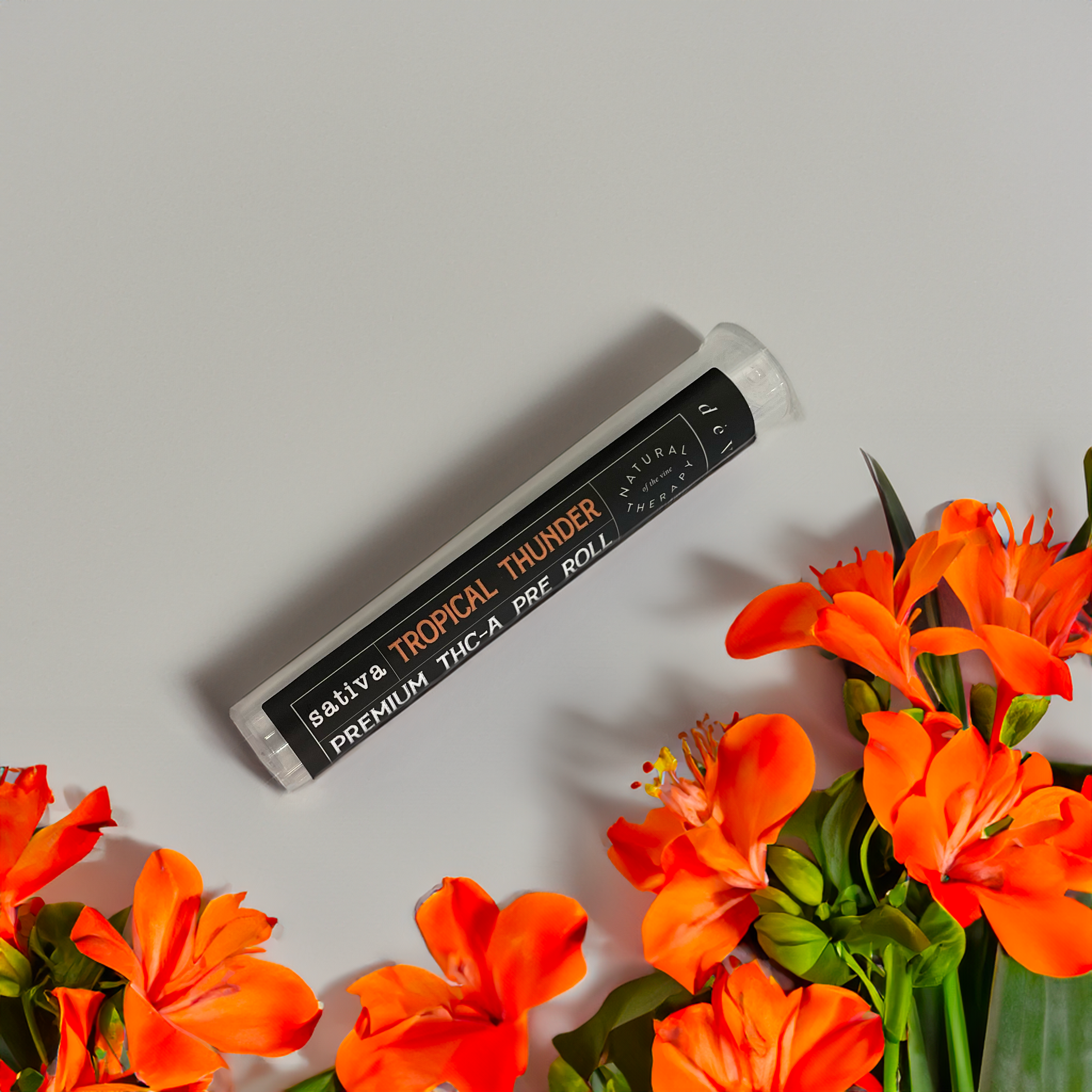 1G THC-A Pre Roll in clear tube labeled Tropical Thunder Sativa next to bright orange flowers on gray surface