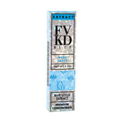 Tall rectangular box labeled FVKD Blue Lotus Disposable. The blue packaging features geometric patterns, floral accents, and highlights a ceramic coil for optimal vaping experience.