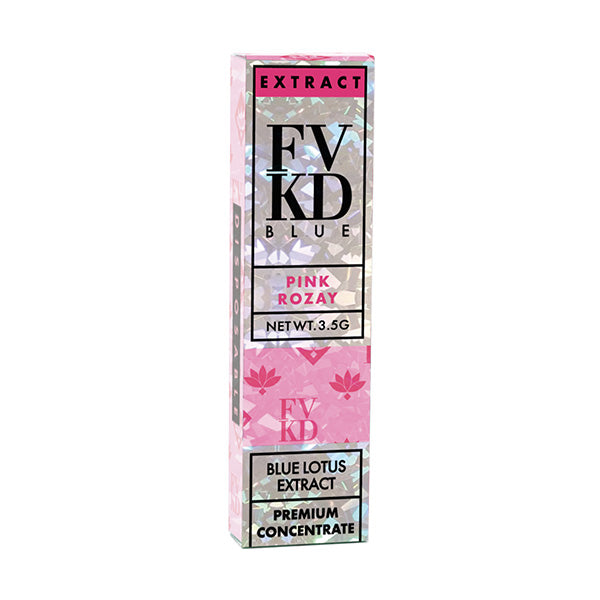 The FVKD Blue Lotus Disposable comes in a rectangular box with holographic and pink lotus flower designs, featuring quality Blue Lotus Extract perfect for use with a ceramic coil device.